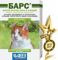 АВЗ Барс против блох и клещей у котов - 1 пипетка/от 3 кг/2 мес