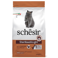 Schesir Cat Sterilized and Light сухой монопротеиновый корм для стерилизованных кошек и кастрированных котов, для котов склонных к полноте, курица 1,5 кг