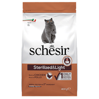 Schesir Cat Sterilized and Light сухой монопротеиновый корм для стерилизованных кошек и кастрированных котов, для котов склонных к полноте, курица 400 г