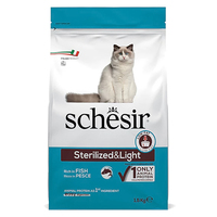 Schesir Cat Sterilized and Light сухой монопротеиновый корм для стерилизованных кошек и кастрированных котов, для котов склонных к полноте, рыба 1,5 кг